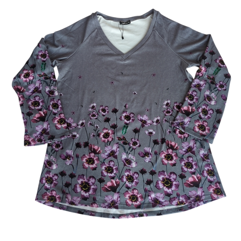 NWOT Sheilay Floral V Neck LS Soft Oversized Tunic Top LARGE Gray Purple